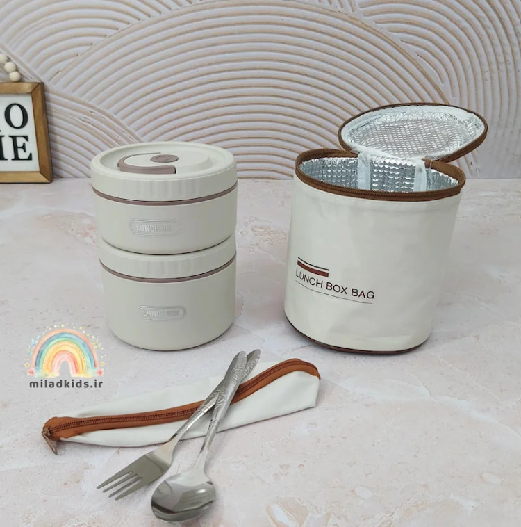 کیف عایق حرارت لانچ باکس دو تیکه داخل استیل بدنه ماکروفری و قاشق چنگال