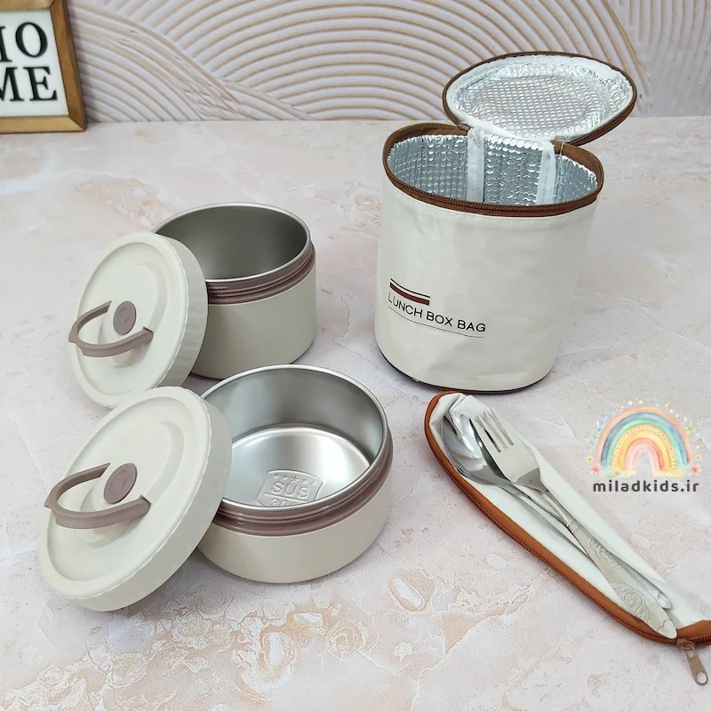 ظرف غذا استیل دو تکه با دو ظرف کوچک و بزرگ و درب دسته دار
