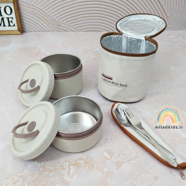 ظرف غذا استیل دو تکه با دو ظرف کوچک و بزرگ و درب دسته دار