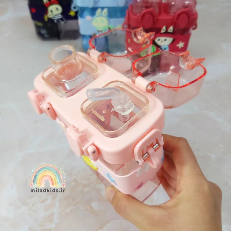 لبی نی نوش و آسان نوش قمقمه طرح لبوبو دو مخزنه رنگ صورتی