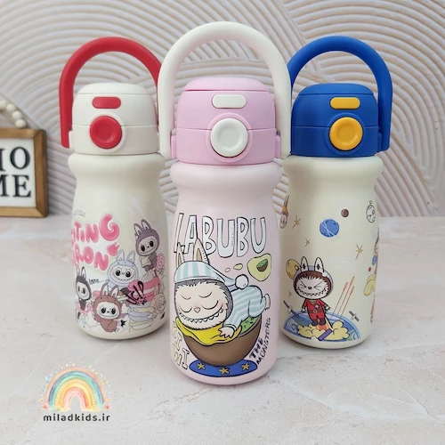 تراول ماگ طرح لبوبو دو حالته دسته دار رنگ های صورتی ،آبی و قرمز