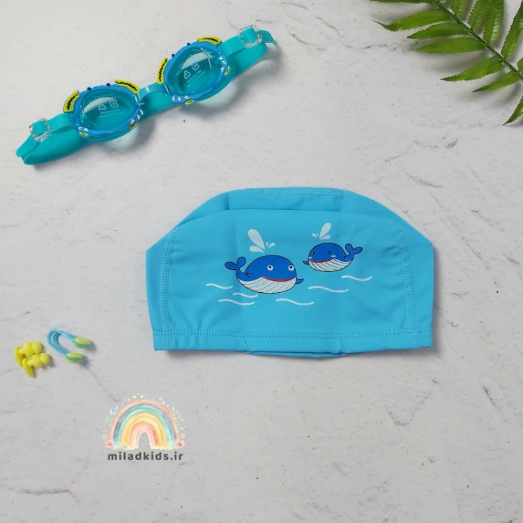 کلاه شنا بچه گانه طرح دو کوسه رنگ آبی